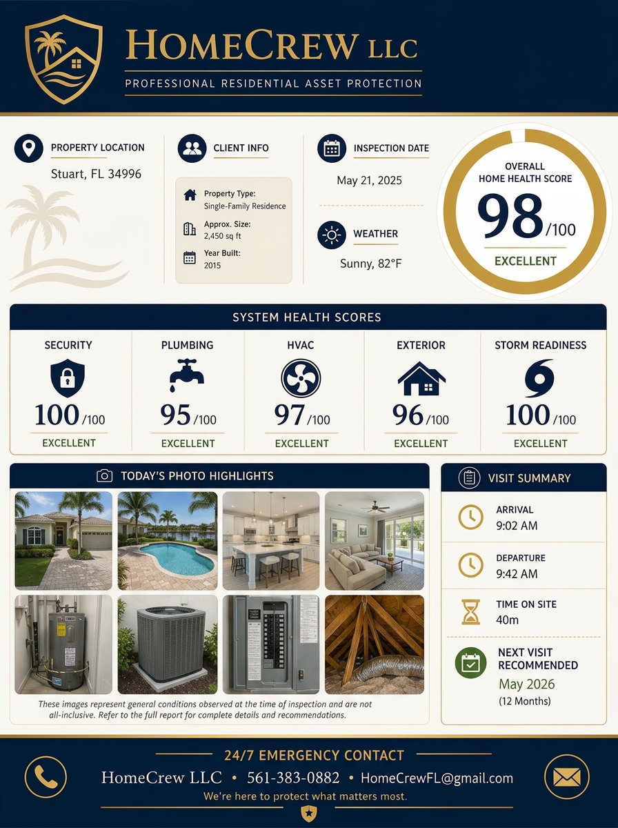 Sample HomeCrew inspection report showing an Overall Home Health Score of 98, per-system scores, photo highlights and visit summary